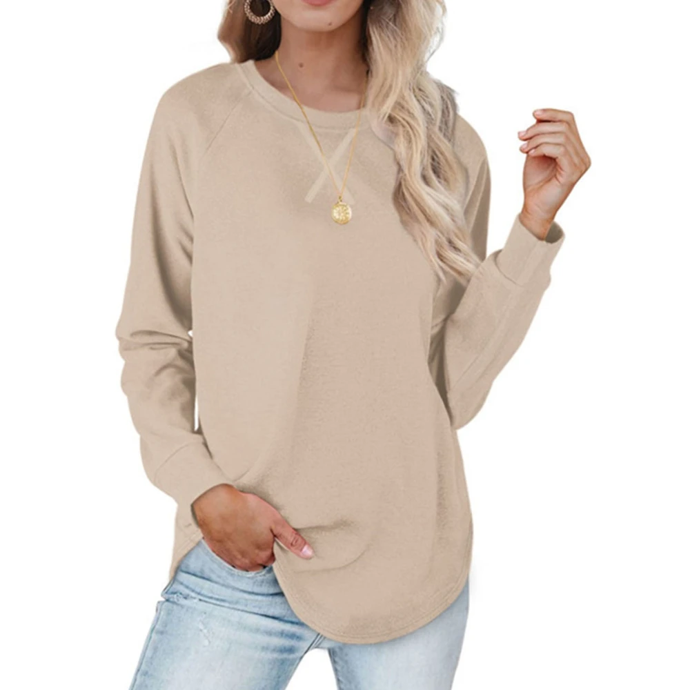 Basic Top Plain Round Neck Long Sleeve Curved Hem Loose Simple Comfortable Pullover Apricot XL