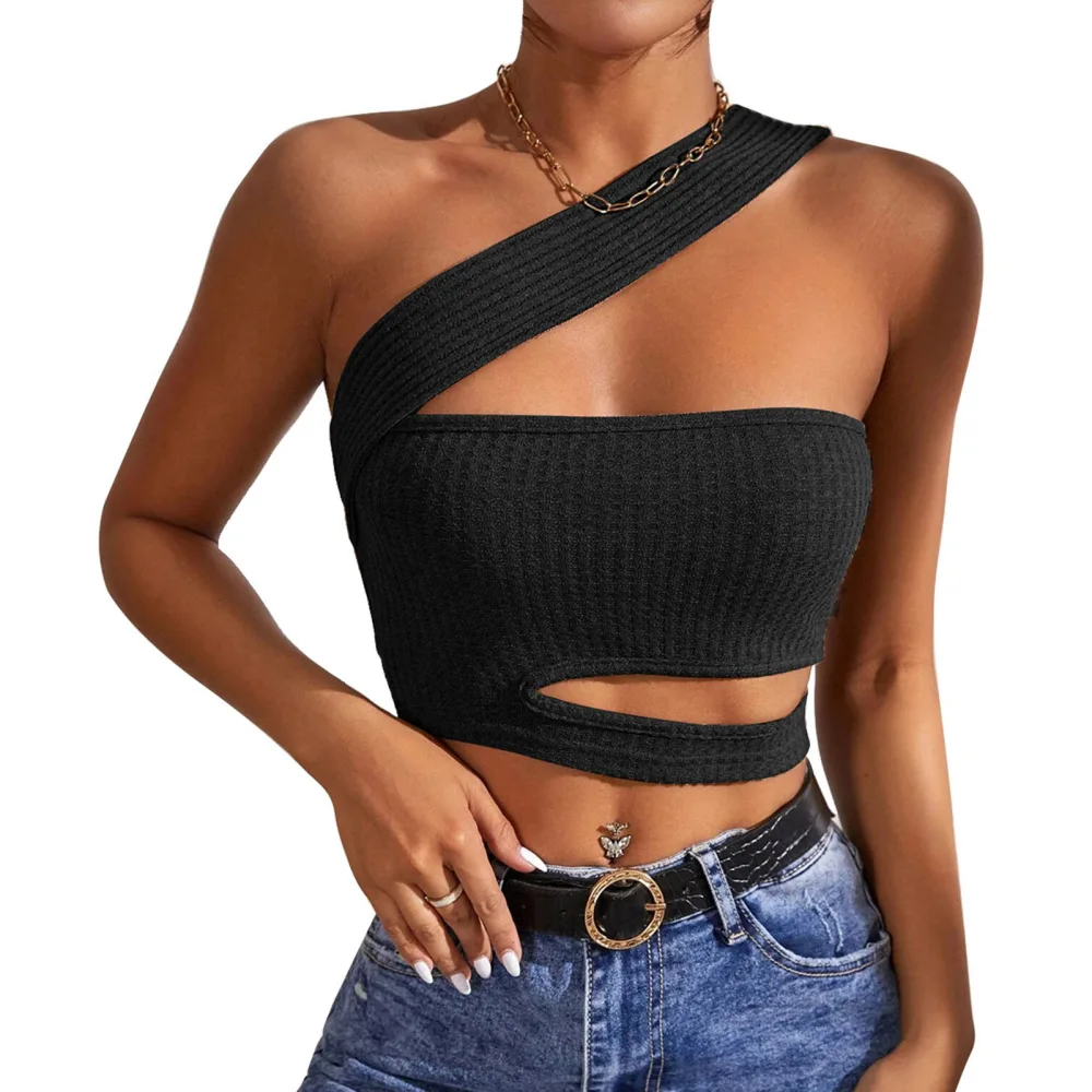 Sloping Shoulder Top Women Knitting Chest Wrap Vest Sleeveless Slim Tank Top for Daily Wear Black S