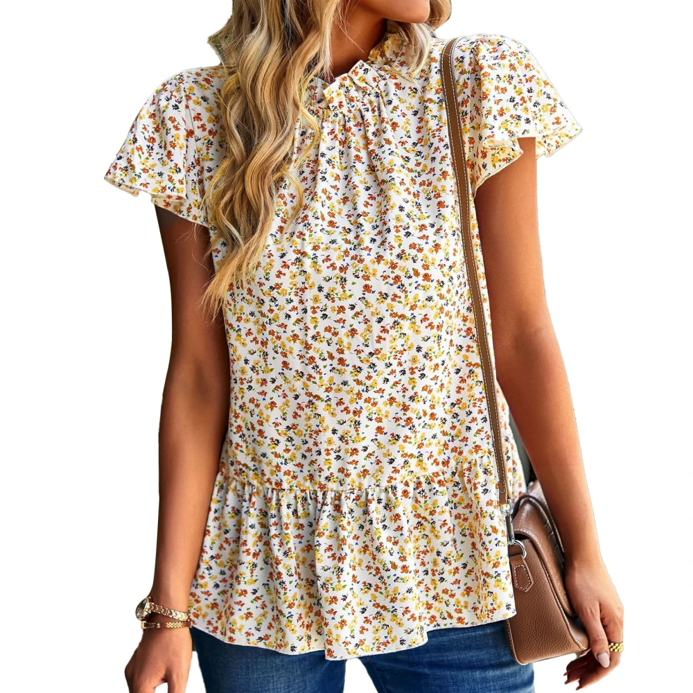 Short Sleeve Shirt Stringy Selvedge Stand Collar Ruffled Loose Hem Floral Print Casual Blouses Tops for Daily White L