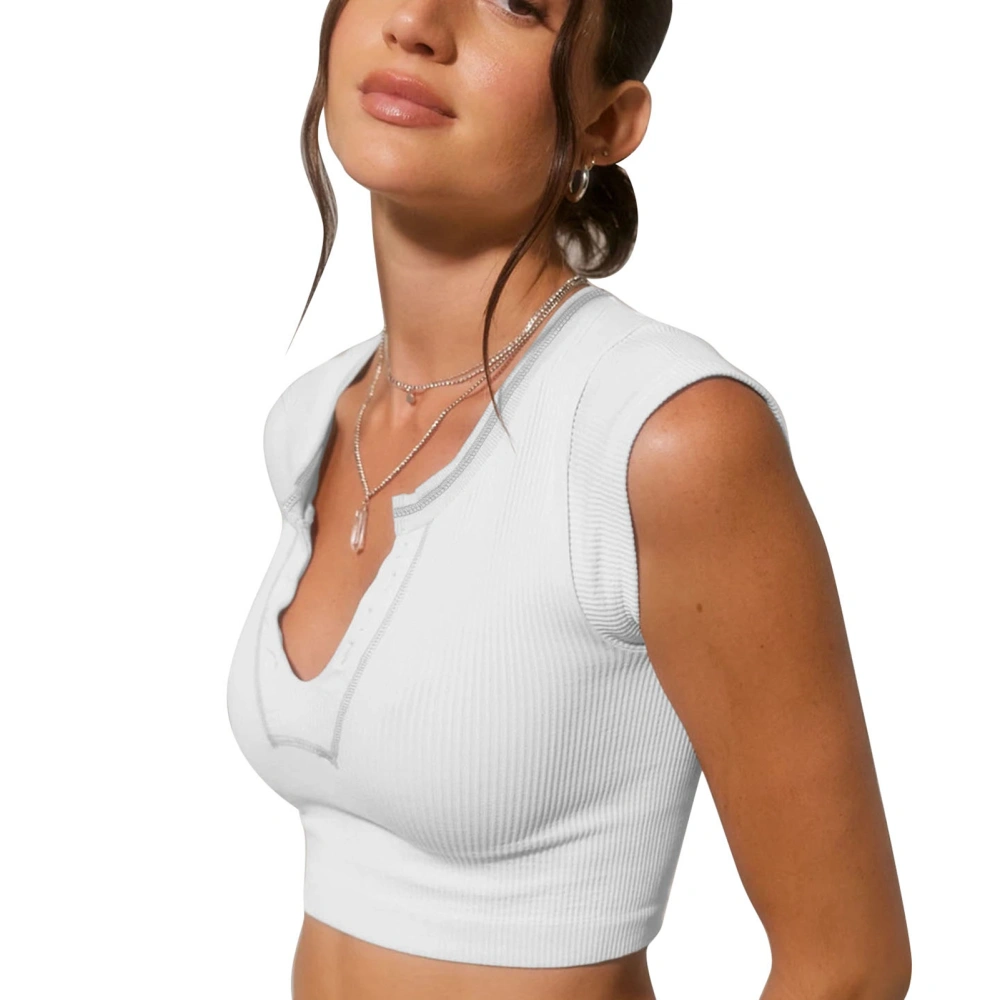 Women Tank Top Slim Fit U Neck Ribbed Stretchy Breathable Color Blocking Sleeveless Shirt White M