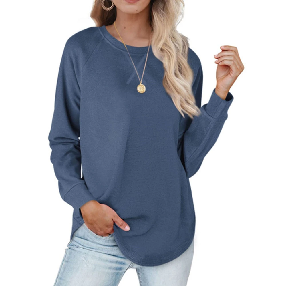 Basic Top Plain Round Neck Long Sleeve Curved Hem Loose Simple Comfortable Pullover Blue L