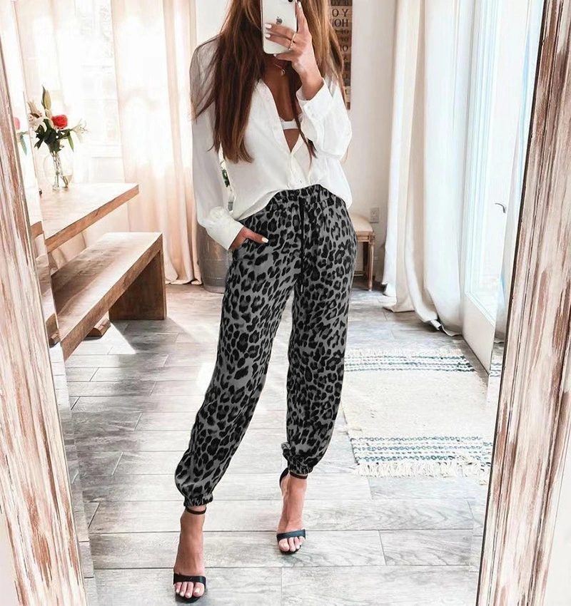 Women Leopard Joggers Sweatpant Elastic Waist Ankle Tied Casual Women Sports Long Pants with Pockets for Outdoor Running Grey M