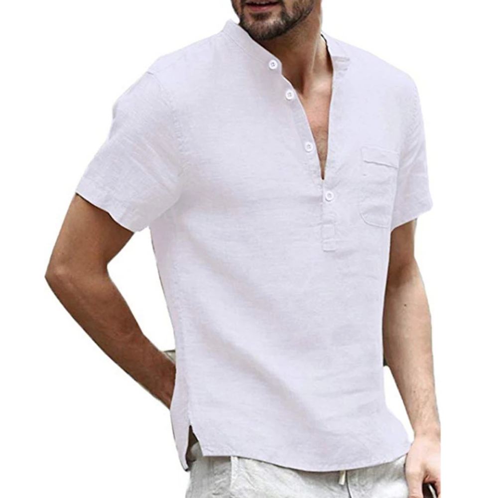 Men Short Sleeve T Shirt Half Front Opening Cotton Fabric Shirt Stand Collar Top for Summer White M