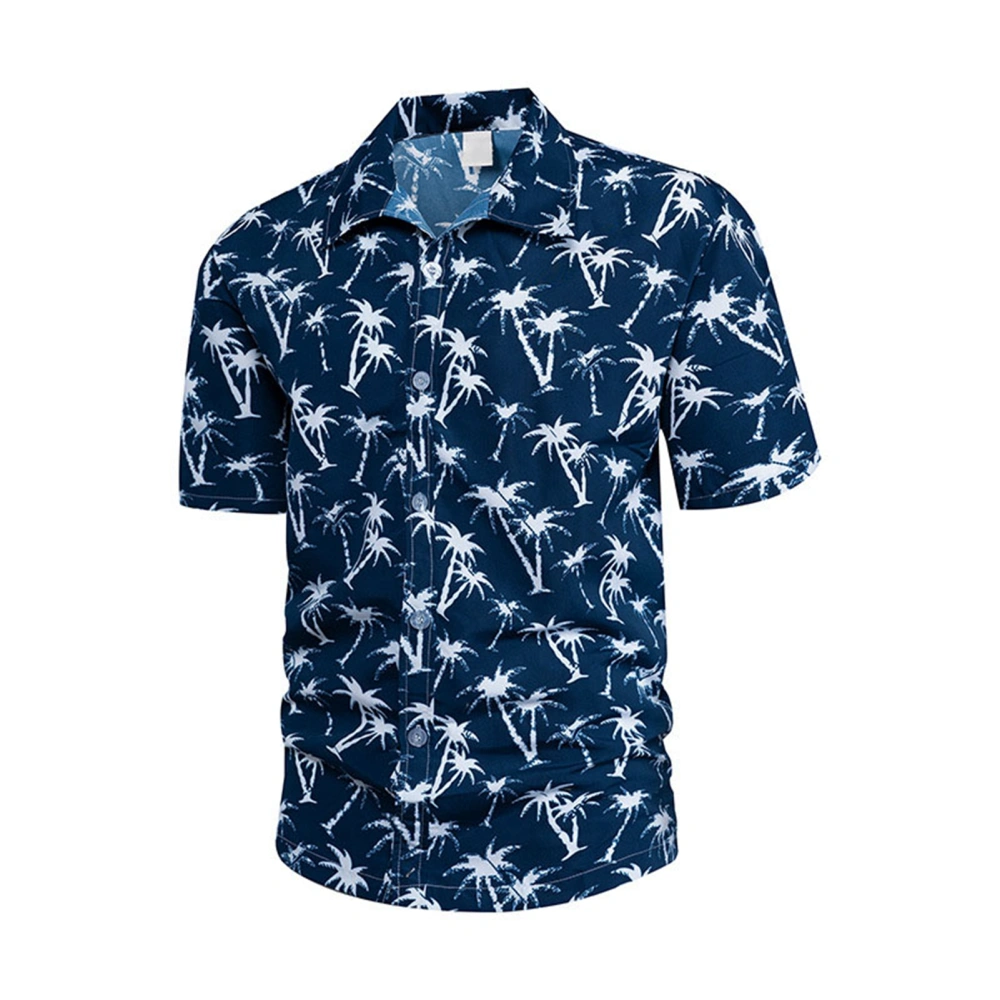 Men Short Sleeve Shirt Hawaiian Coconut Printed Tropical Beach Button Front Vintage Turn Down Collar Shirt Blue XL