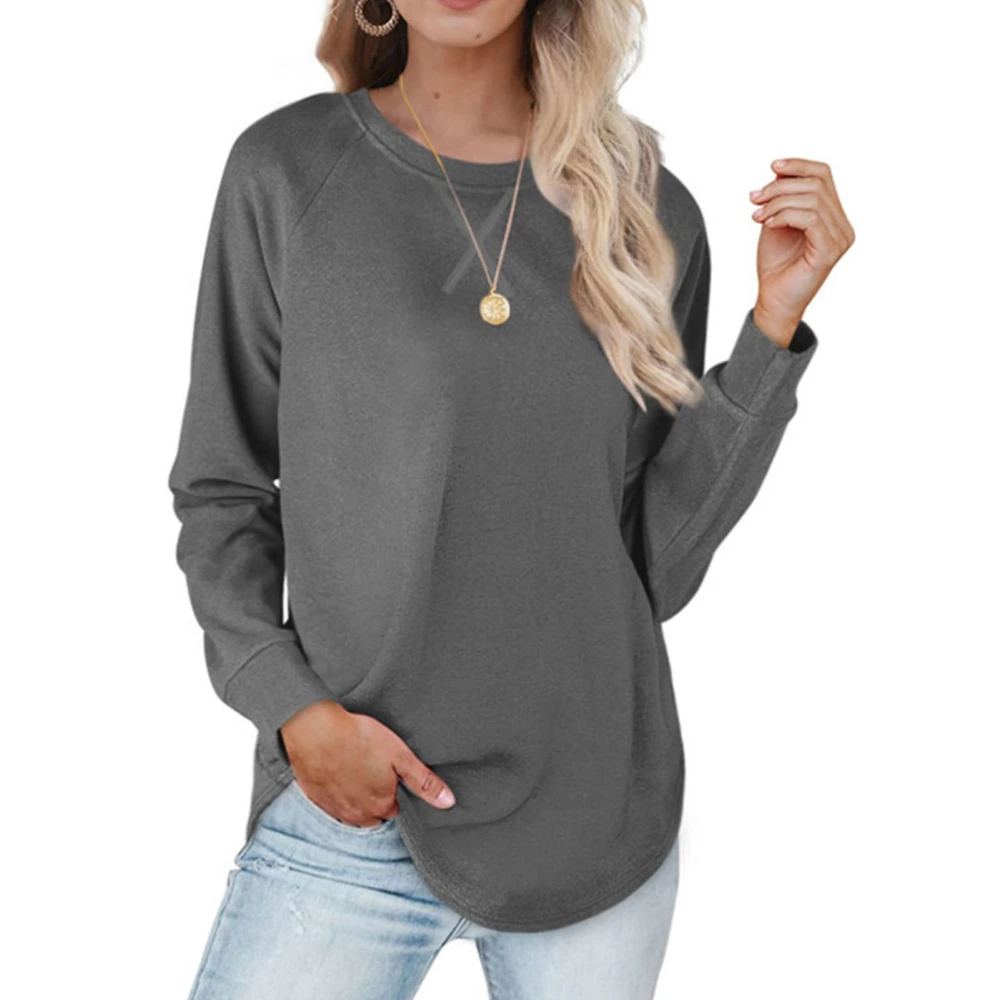 Basic Top Plain Round Neck Long Sleeve Curved Hem Loose Simple Comfortable Pullover Dark Gray S