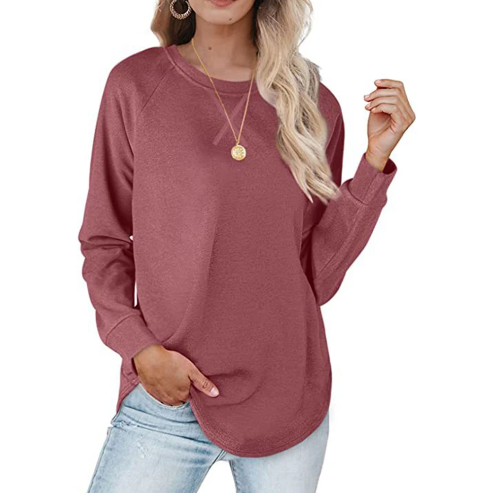 Basic Top Plain Round Neck Long Sleeve Curved Hem Loose Simple Comfortable Pullover Brownish Red XXL