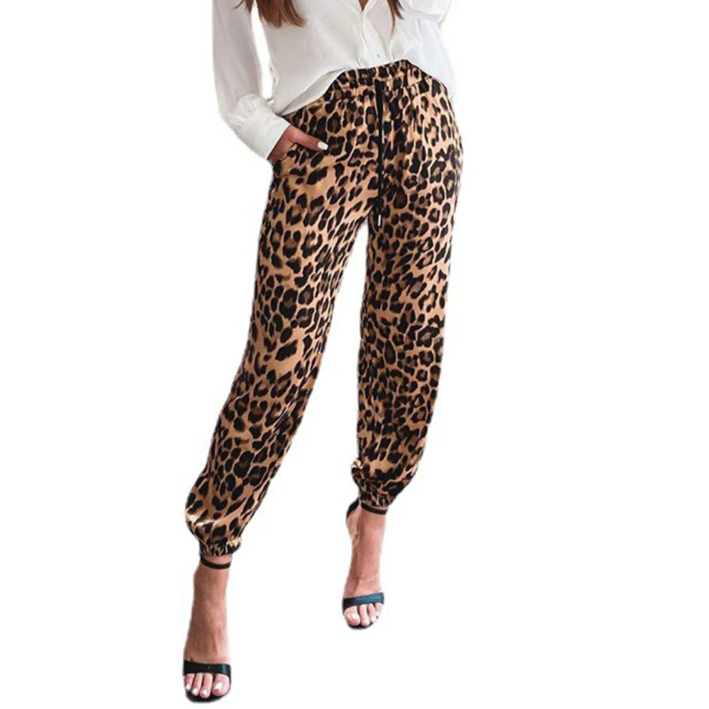 Women Leopard Joggers Sweatpant Elastic Waist Ankle Tied Casual Women Sports Long Pants with Pockets for Outdoor Running Brown XXL