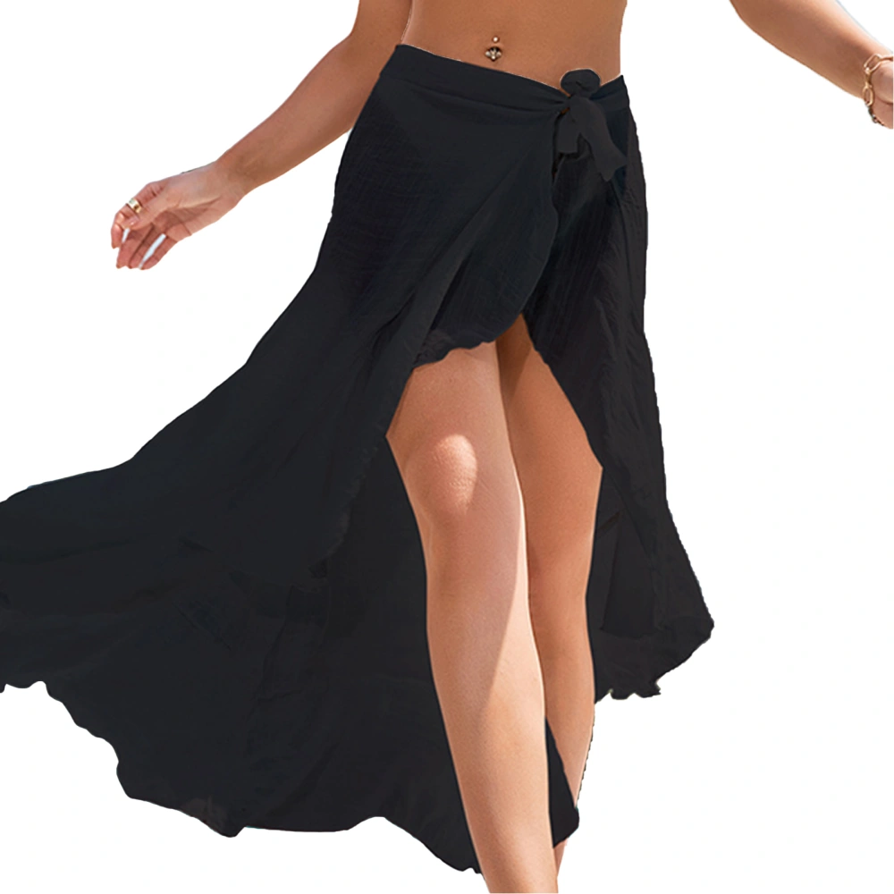 Women Bikini Coverup Skirt Irregular Hem Tie Side Wrap Beach Swimsuit Covering Overskirt Black Free Size