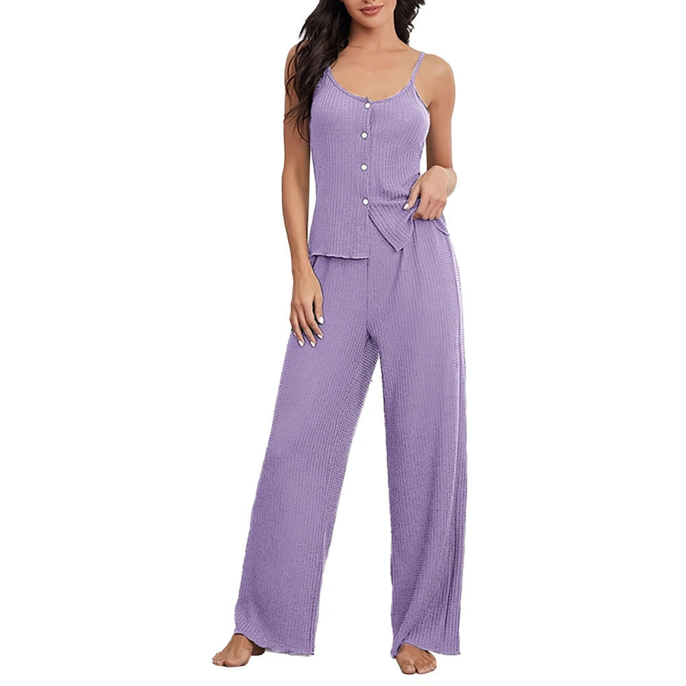 Women Home Clothes Spaghetti Strap U Neck Button Top and Trousers Two Pieces Sleeveless Loungewear Purple M