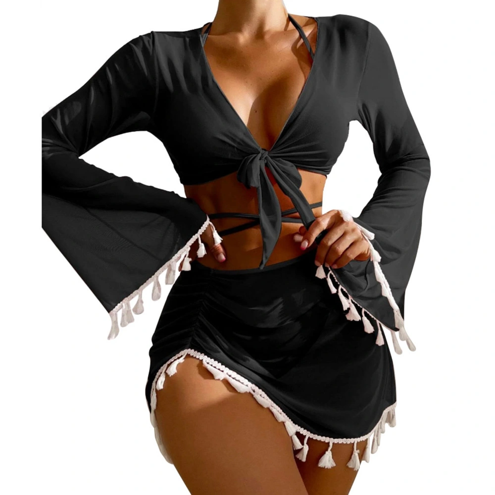 4pcs Women Swimsuit Set Halter Neck Bra Waist Straps Hip Wrap Skirt Bathing Suit with Long Sleeves Top Black M