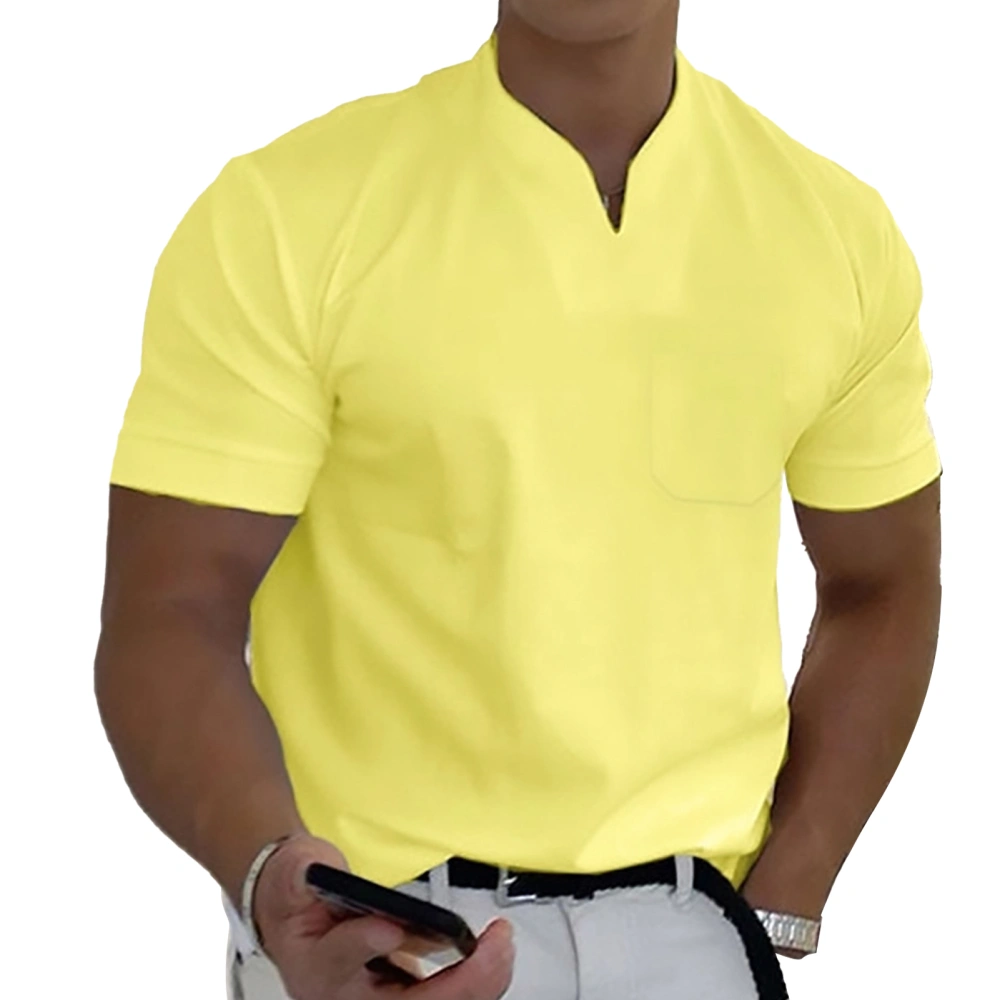 Gym Men V Neck Summer T Shirt with Cotton Pocket Elastic Soft Breathable Fitness Male Short Sleeve Shirt Yellow S