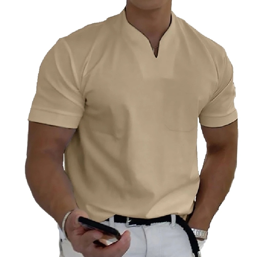 Gym Men V Neck Summer T Shirt with Cotton Pocket Elastic Soft Breathable Fitness Male Short Sleeve Shirt Khaki M