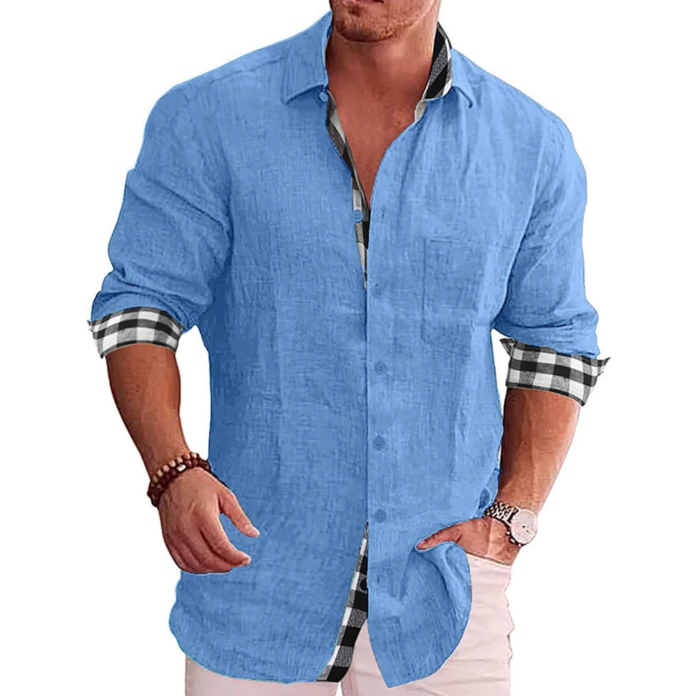 Men Button Up Shirt Long Sleeve Turn Down Collar Outer Plain Pattern Inner Plaid Print Loose Casual Soft Men Shirt Blue M