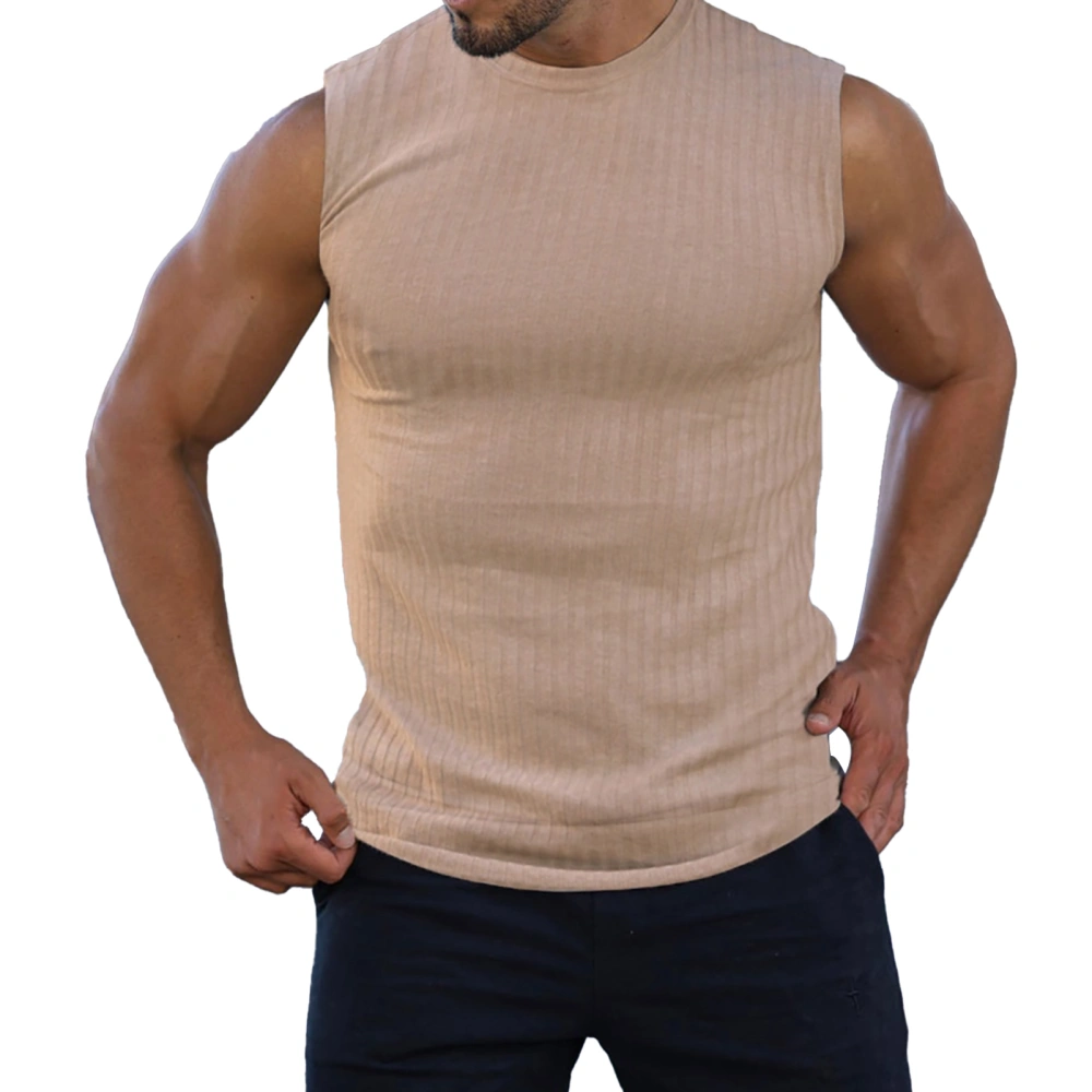 Men Tank Top Slim Fit Breathable Sleeveless Crew Neck Pure Color Stretchy Athletic Muscle Tank Top Khaki M