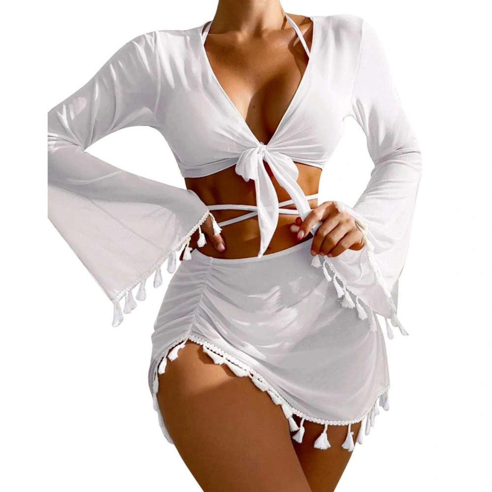 4pcs Women Swimsuit Set Halter Neck Bra Waist Straps Hip Wrap Skirt Bathing Suit with Long Sleeves Top White M