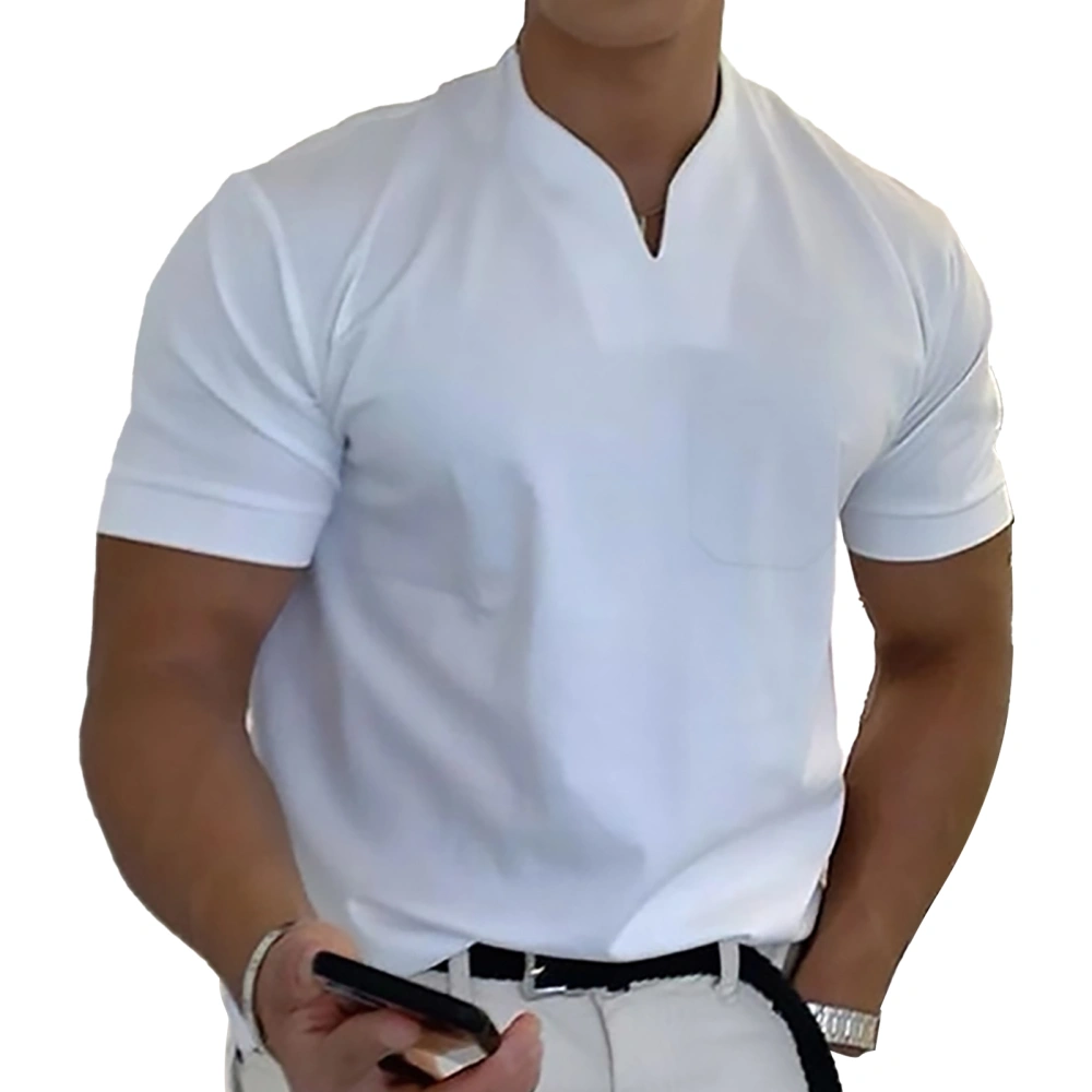 Gym Men V Neck Summer T Shirt with Cotton Pocket Elastic Soft Breathable Fitness Male Short Sleeve Shirt White M