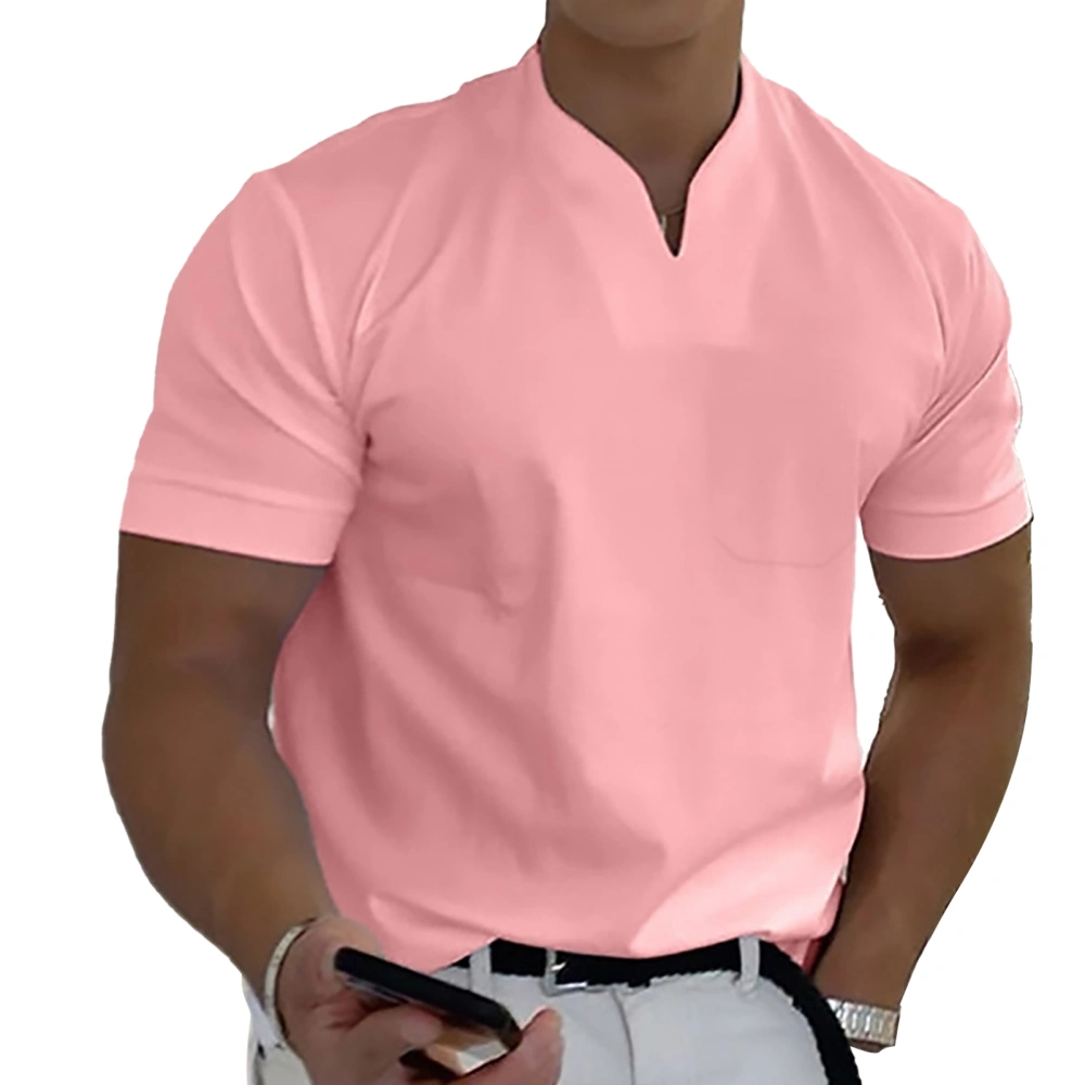 Gym Men V Neck Summer T Shirt with Cotton Pocket Elastic Soft Breathable Fitness Male Short Sleeve Shirt Pink XL