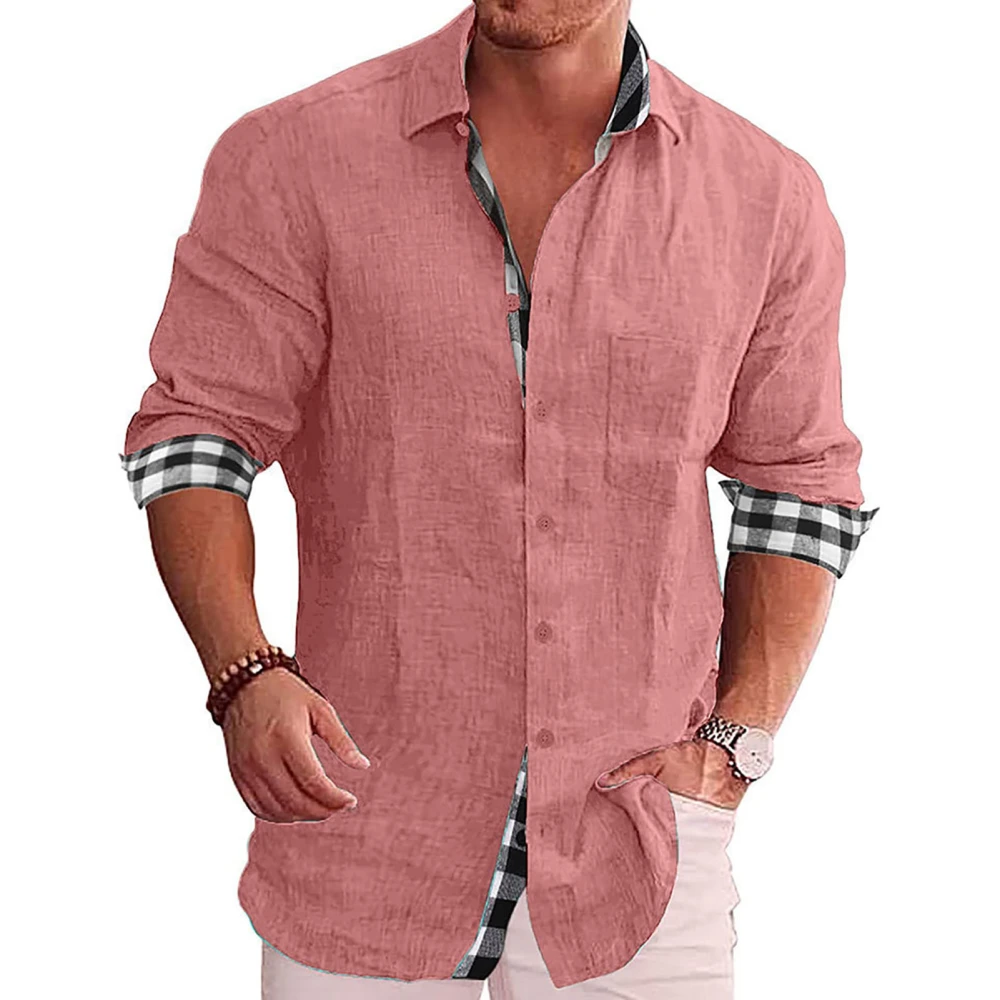 Men Button Up Shirt Long Sleeve Turn Down Collar Outer Plain Pattern Inner Plaid Print Loose Casual Soft Men Shirt Dark Pink S