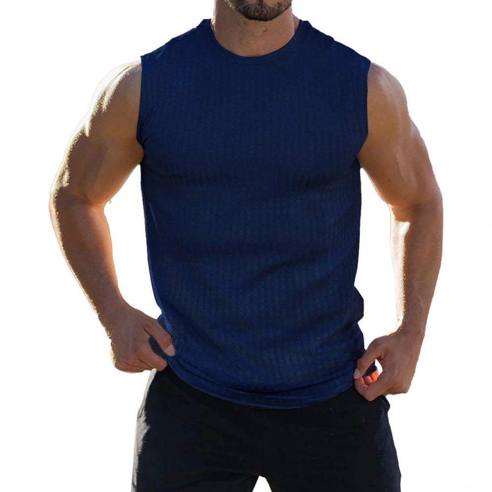 Men Tank Top Slim Fit Breathable Sleeveless Crew Neck Pure Color Stretchy Athletic Muscle Tank Top Navy Blue XL