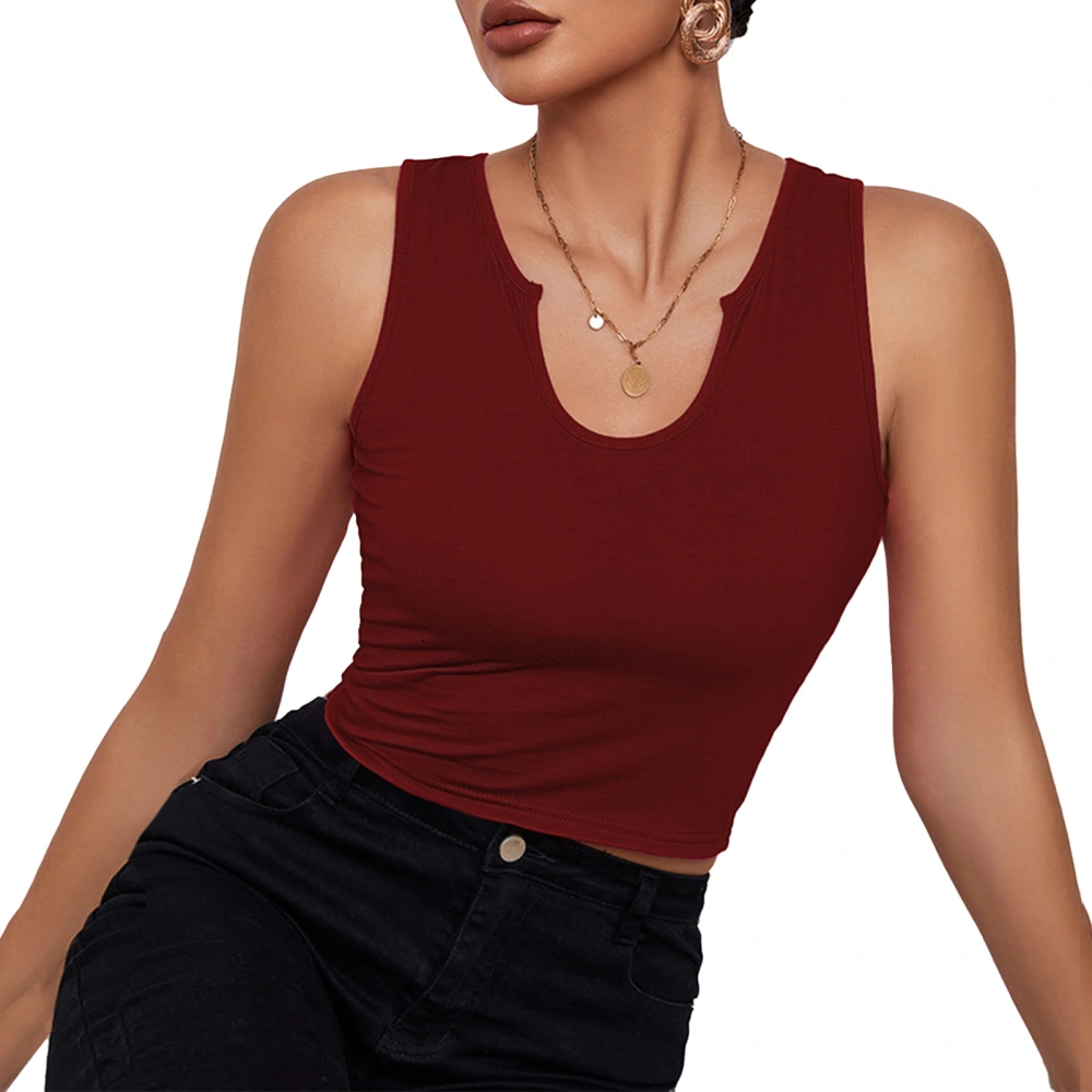 Women Tank Top Sleeveless U Neck Slim Fit Pure Color Short Tank for Daily Party Outdoor Sports Wine Red M