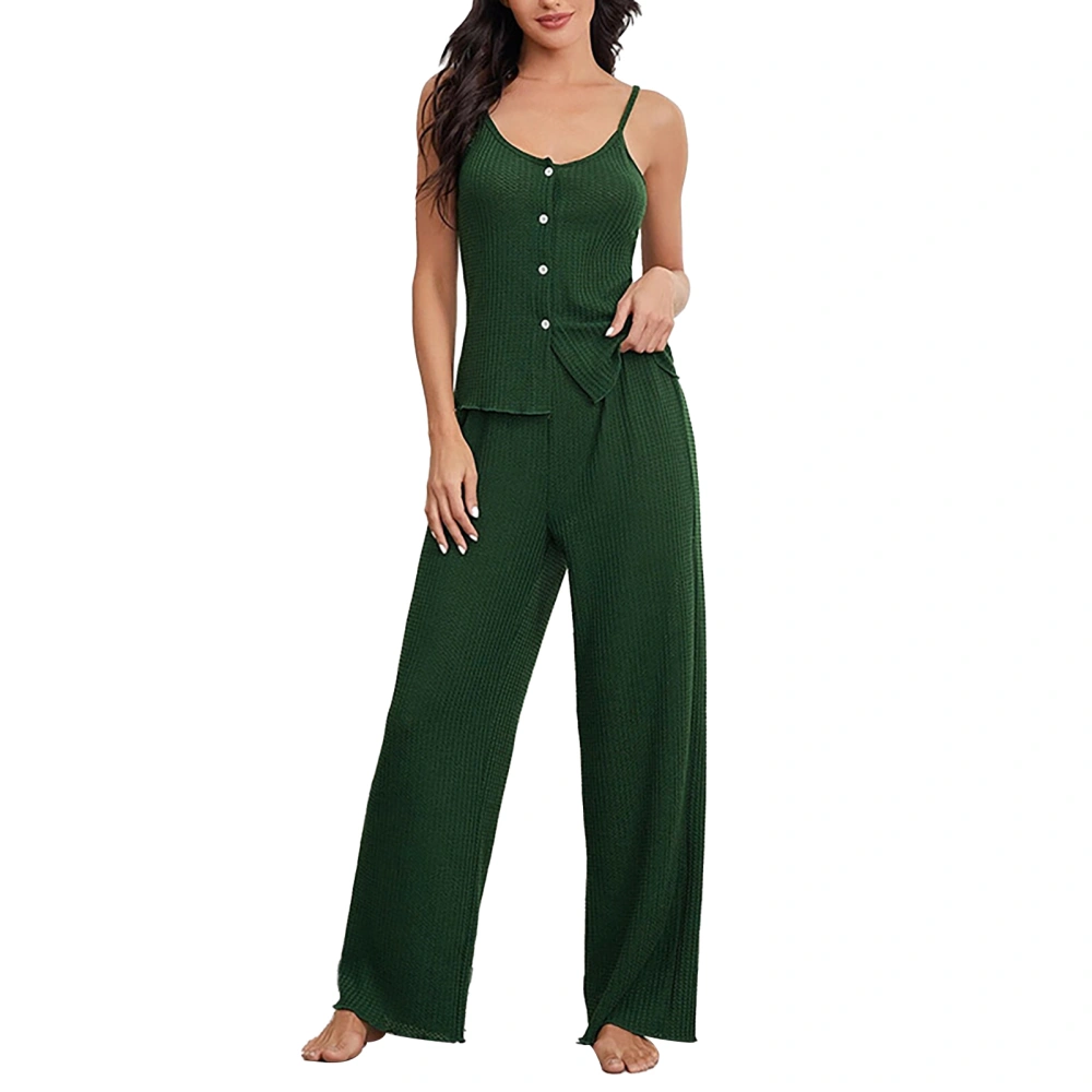 Women Home Clothes Spaghetti Strap U Neck Button Top and Trousers Two Pieces Sleeveless Loungewear Green L