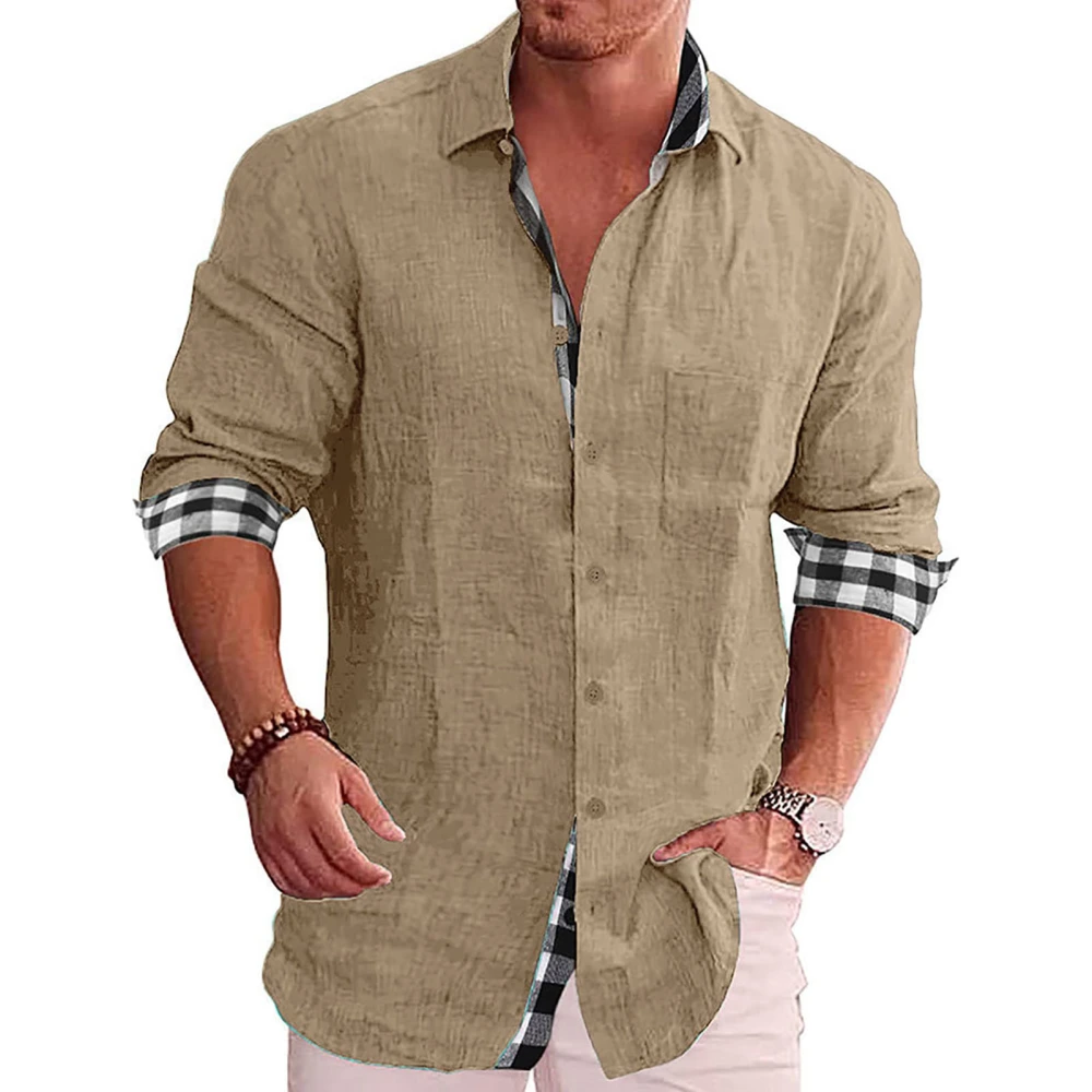 Men Button Up Shirt Long Sleeve Turn Down Collar Outer Plain Pattern Inner Plaid Print Loose Casual Soft Men Shirt Khaki S