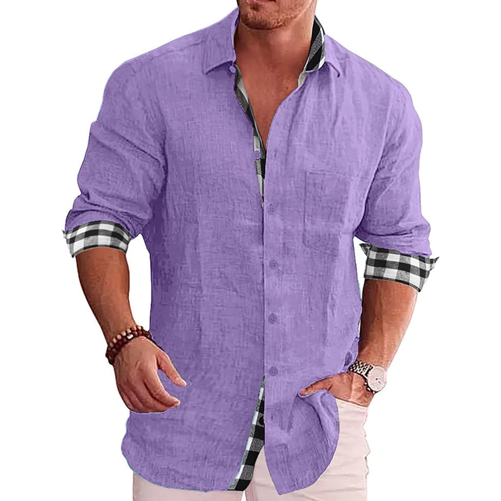 Men Button Up Shirt Long Sleeve Turn Down Collar Outer Plain Pattern Inner Plaid Print Loose Casual Soft Men Shirt Light Purple S