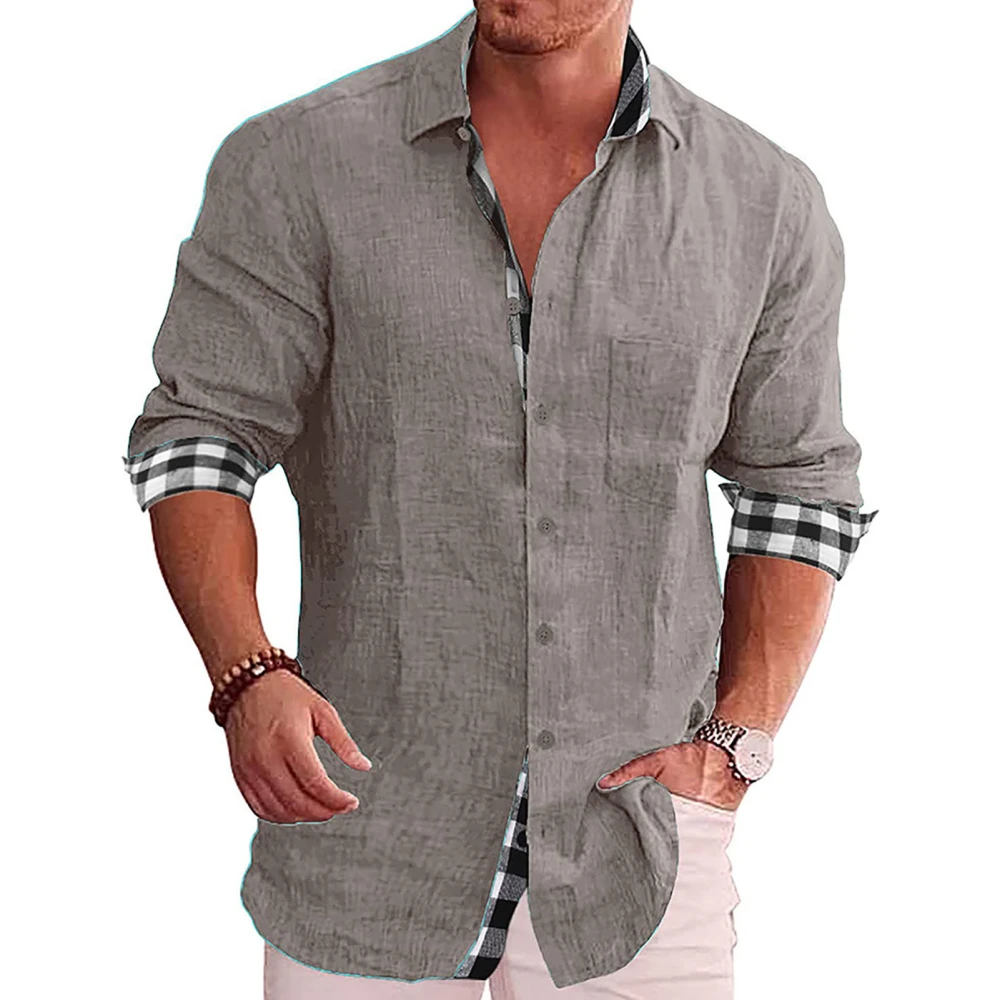 Men Button Up Shirt Long Sleeve Turn Down Collar Outer Plain Pattern Inner Plaid Print Loose Casual Soft Men Shirt Gray L