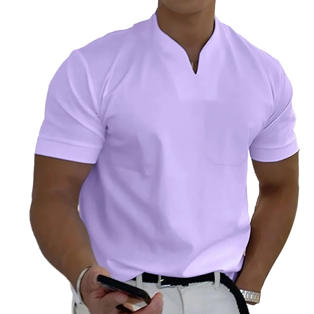 Gym Men V Neck Summer T Shirt with Cotton Pocket Elastic Soft Breathable Fitness Male Short Sleeve Shirt Purple S