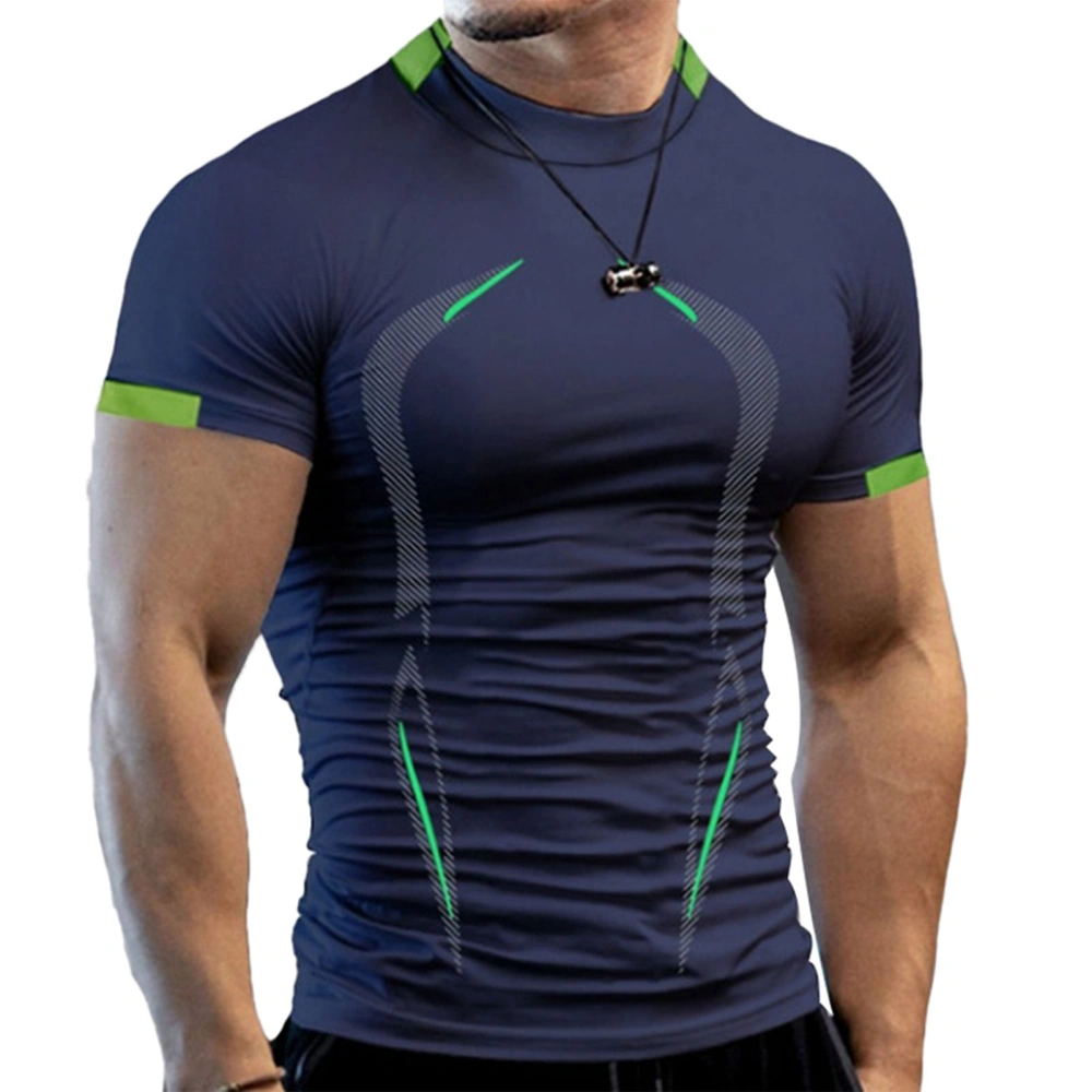 Men T Shirt Sport Tee Breathable Training Shirt Pretty Print Short Sleeve for Gym Navy Blue S