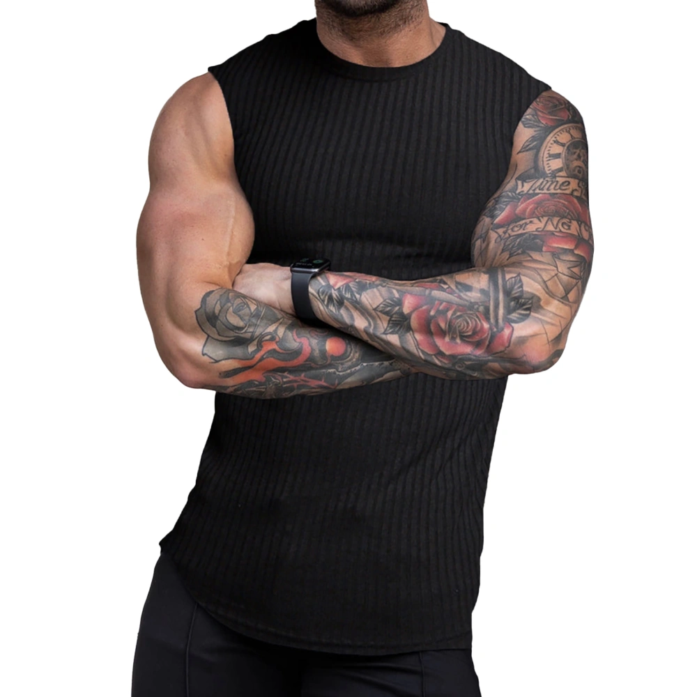 Men Tank Top Slim Fit Breathable Sleeveless Crew Neck Pure Color Stretchy Athletic Muscle Tank Top Black XXL