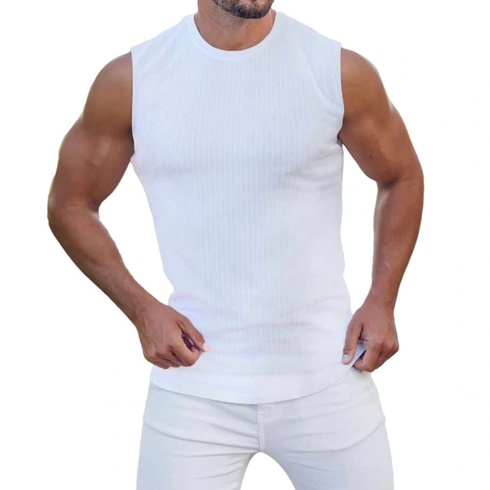 Men Tank Top Slim Fit Breathable Sleeveless Crew Neck Pure Color Stretchy Athletic Muscle Tank Top White L