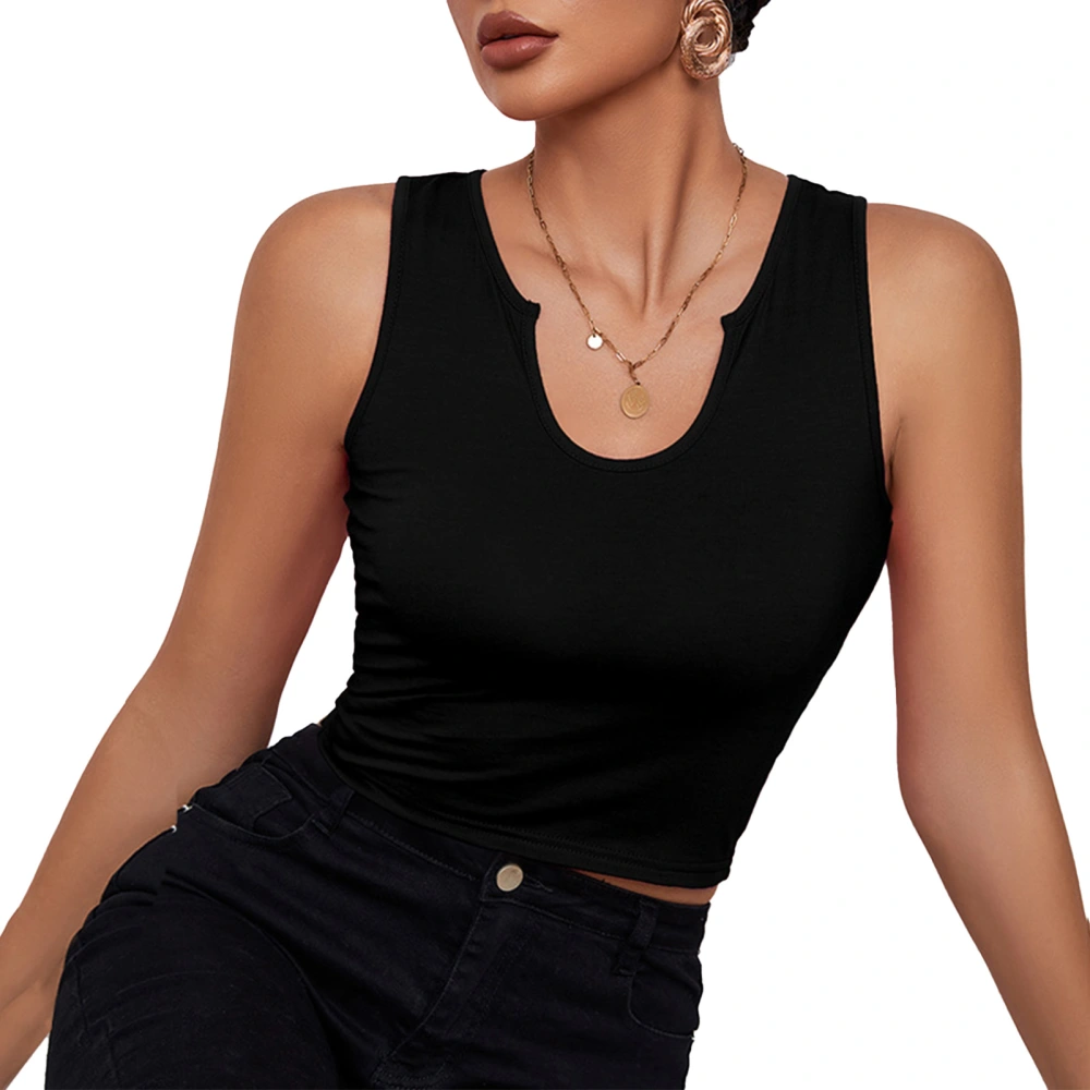 Women Tank Top Sleeveless U Neck Slim Fit Pure Color Short Tank for Daily Party Outdoor Sports Black S