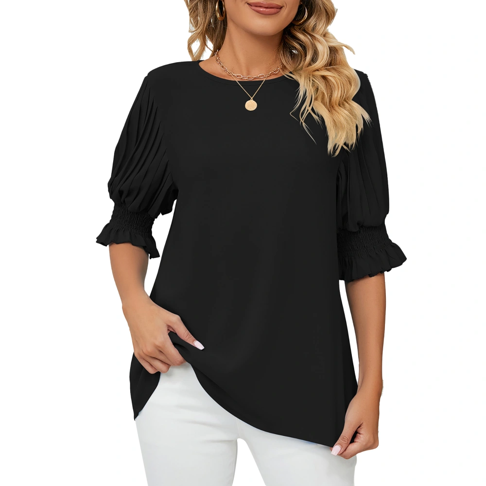 Women Blouse Round Neck Pure Color Casual Shirred Sleeve Pleats for Outdoor Office Black S