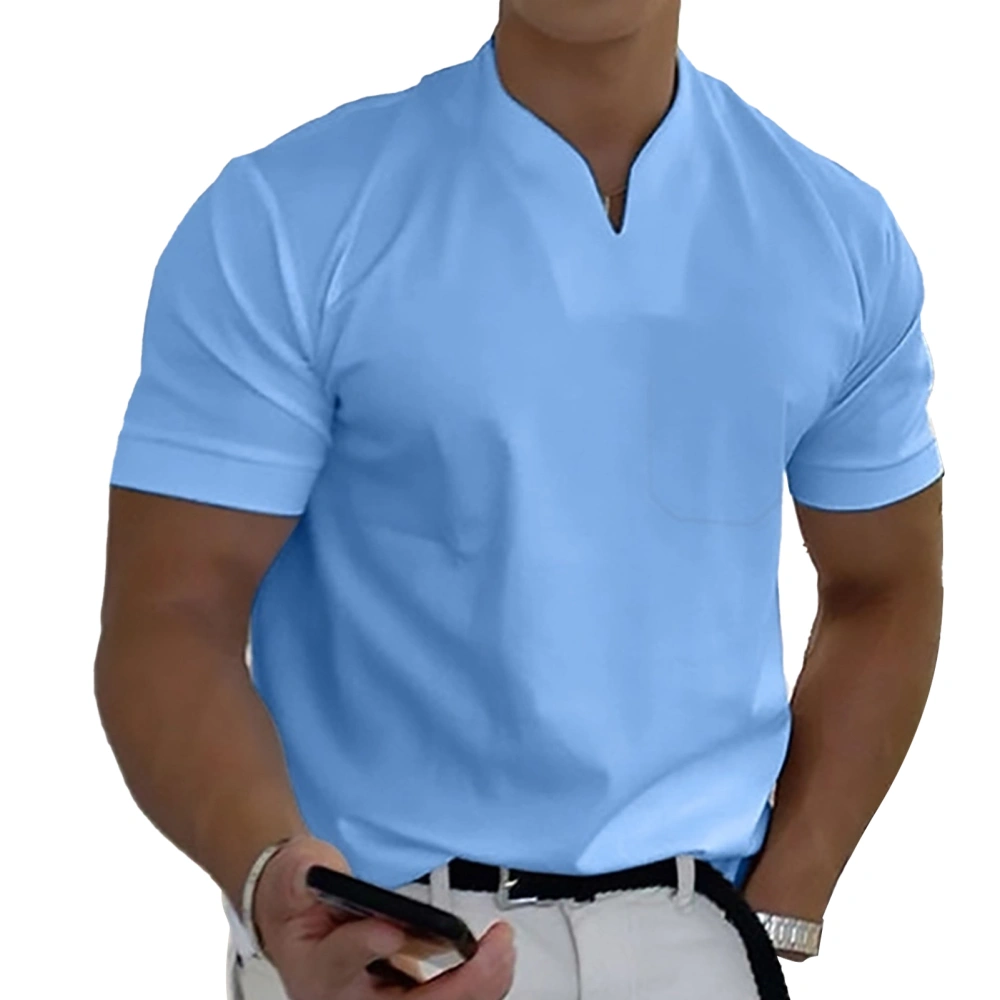 Gym Men V Neck Summer T Shirt with Cotton Pocket Elastic Soft Breathable Fitness Male Short Sleeve Shirt Light Blue XL