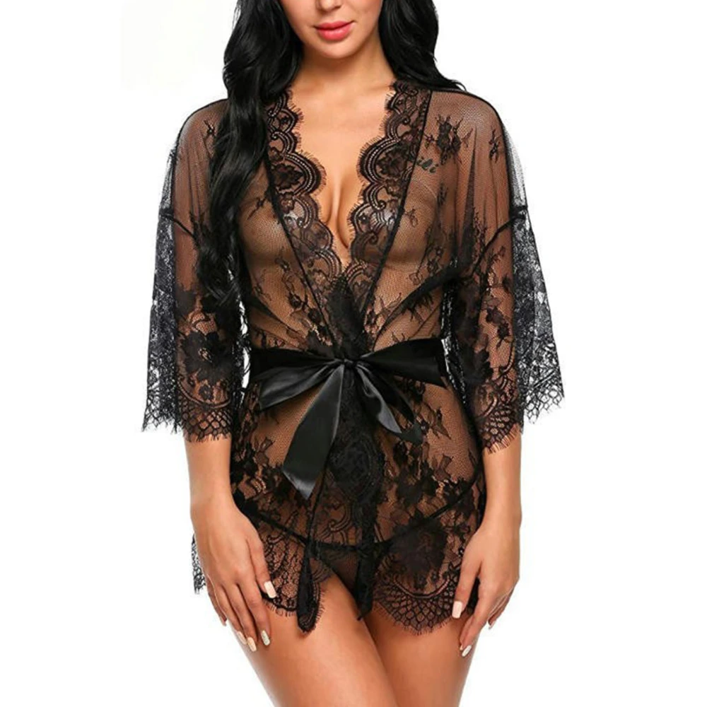 Women Lace Nightdress Suit V Neck See Through Lingerie Panty Open Front Sleepwear with Belt Black 2XL