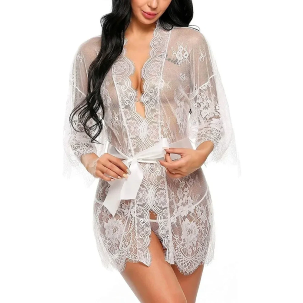 Women Lace Nightdress Suit V Neck See Through Lingerie Panty Open Front Sleepwear with Belt White XL