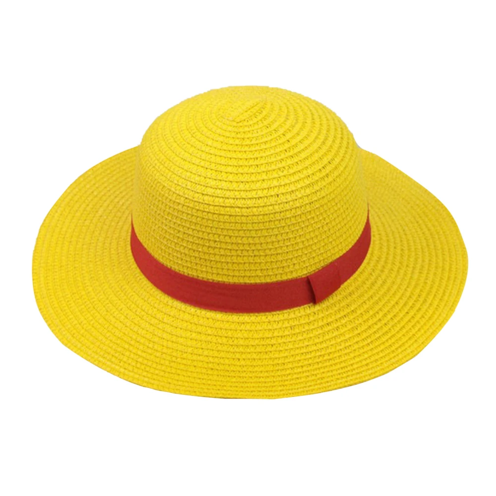 Summer Straw Hat Wide Brim Sun Proof Fashion With Red Ribbon Straw Bucket Hat Yellow for Cosplay