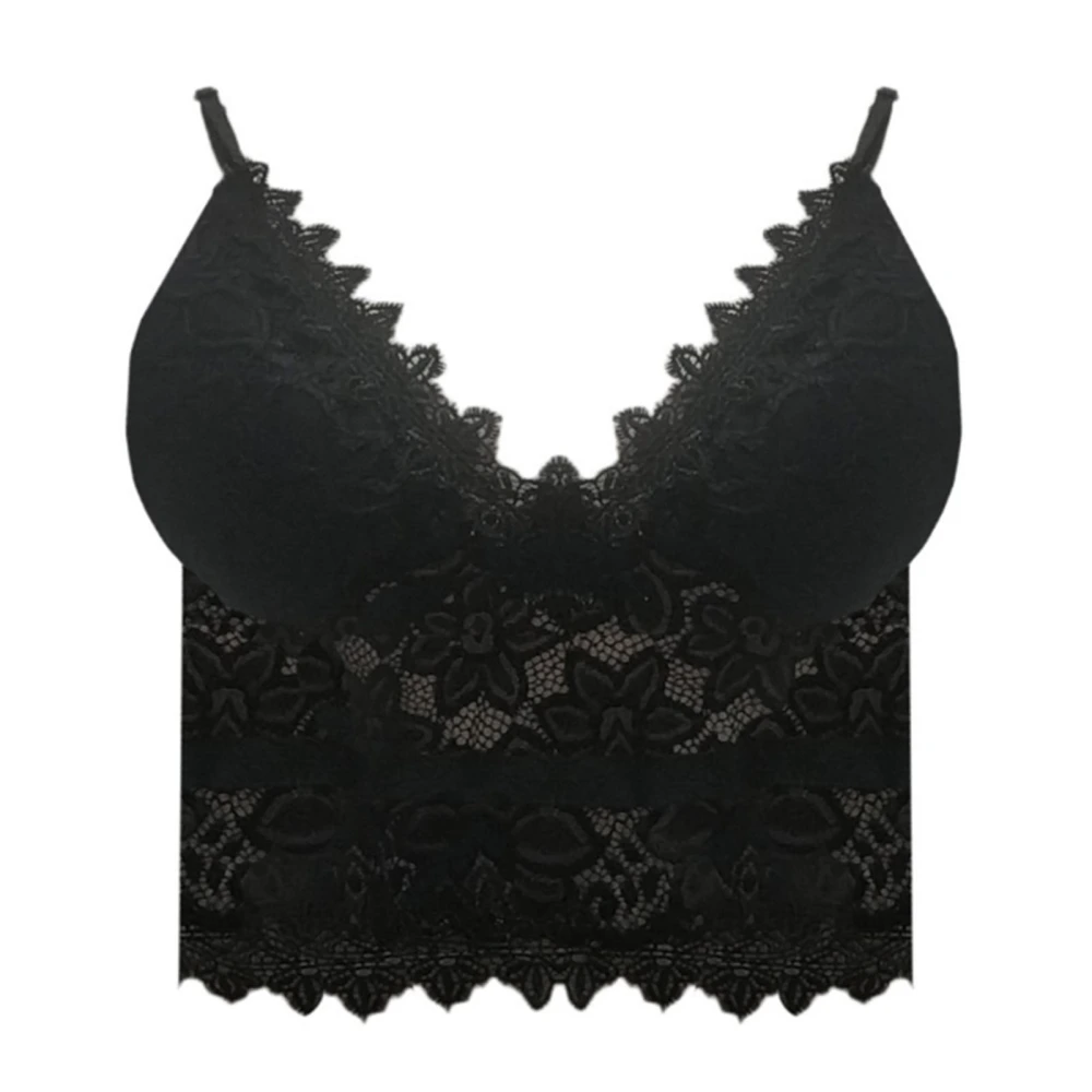 Breathable Mesh Embroidery Lace Bralette Women Elegant Triangle Cup Padded Wireless Bra for Party Black XL Bust 31.5in