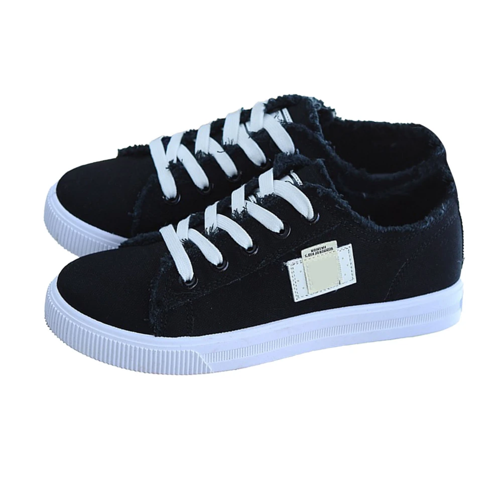 Skate Shoes Canvas Round Toe Design Breathable Fine Tight Wiring Plain Board Shoes for School Work Black 38