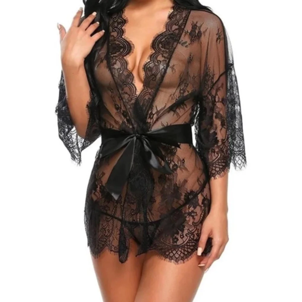 Women Lace Lingerie Robe Set Fashionable Pure Color Mesh Flutter Sleeve Robe Sleepwear with Panties Belt Black L