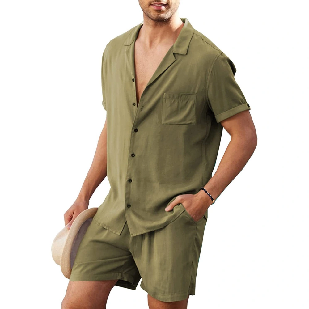 Cotton Linen Shirt Set Short Sleeved Men Casual Button Down Suit Breathable for Beach OD Green M