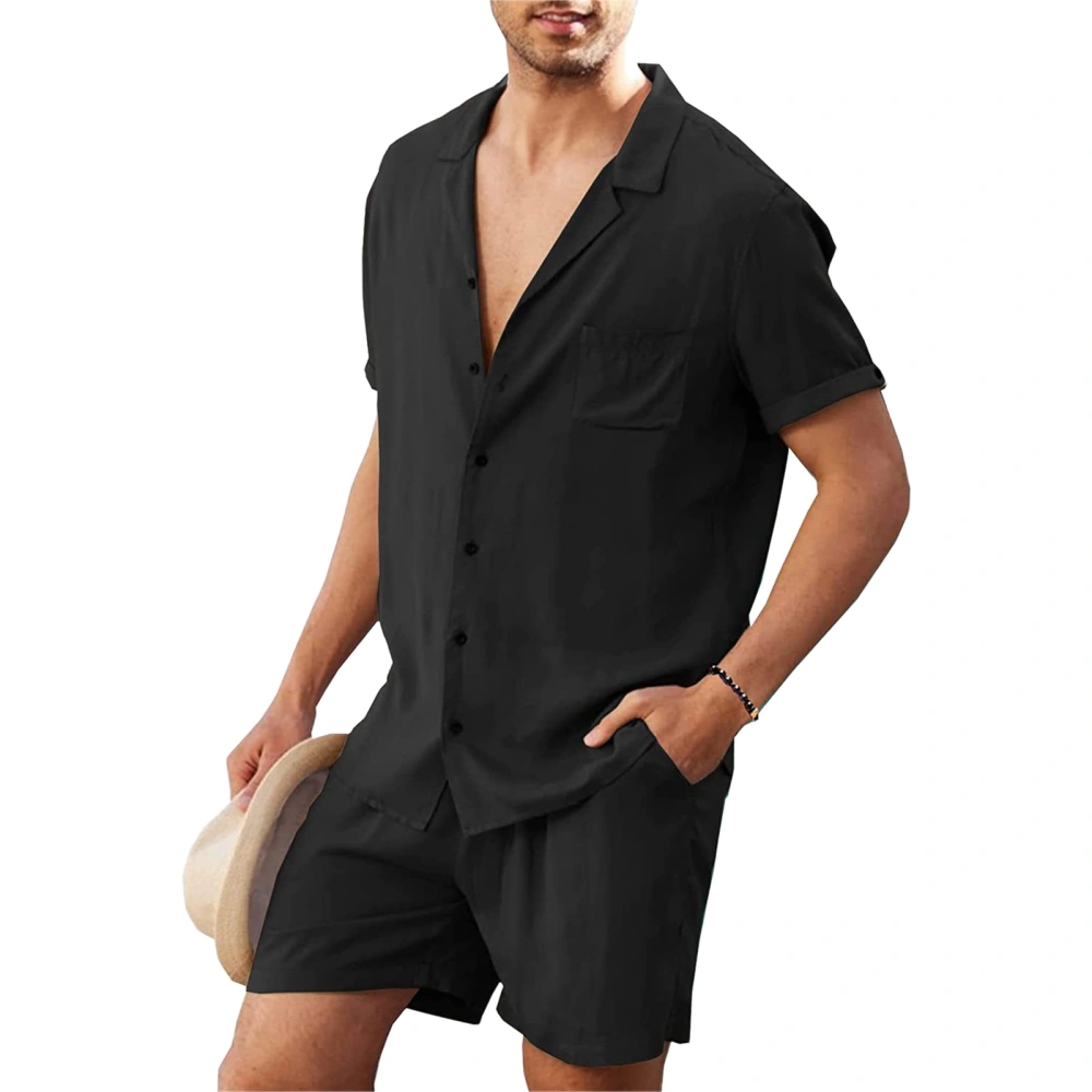 Cotton Linen Shirt Set Short Sleeved Men Casual Button Down Suit Breathable for Beach Black M