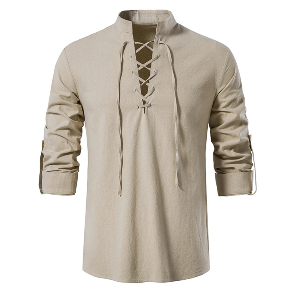 Men Lace Up Shirt Stand Collar V Neck Long Sleeve Casual Vintage Pure Color Pullover T Shirt Khaki XL