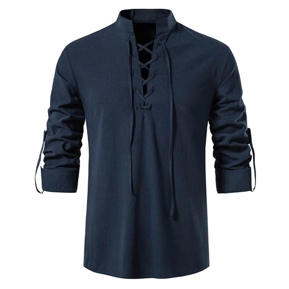 Men Lace Up Shirt Stand Collar V Neck Long Sleeve Casual Vintage Pure Color Pullover T Shirt Dark Blue M