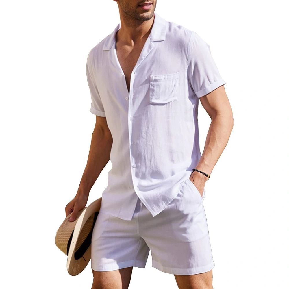 Cotton Linen Shirt Set Short Sleeved Men Casual Button Down Suit Breathable for Beach White L