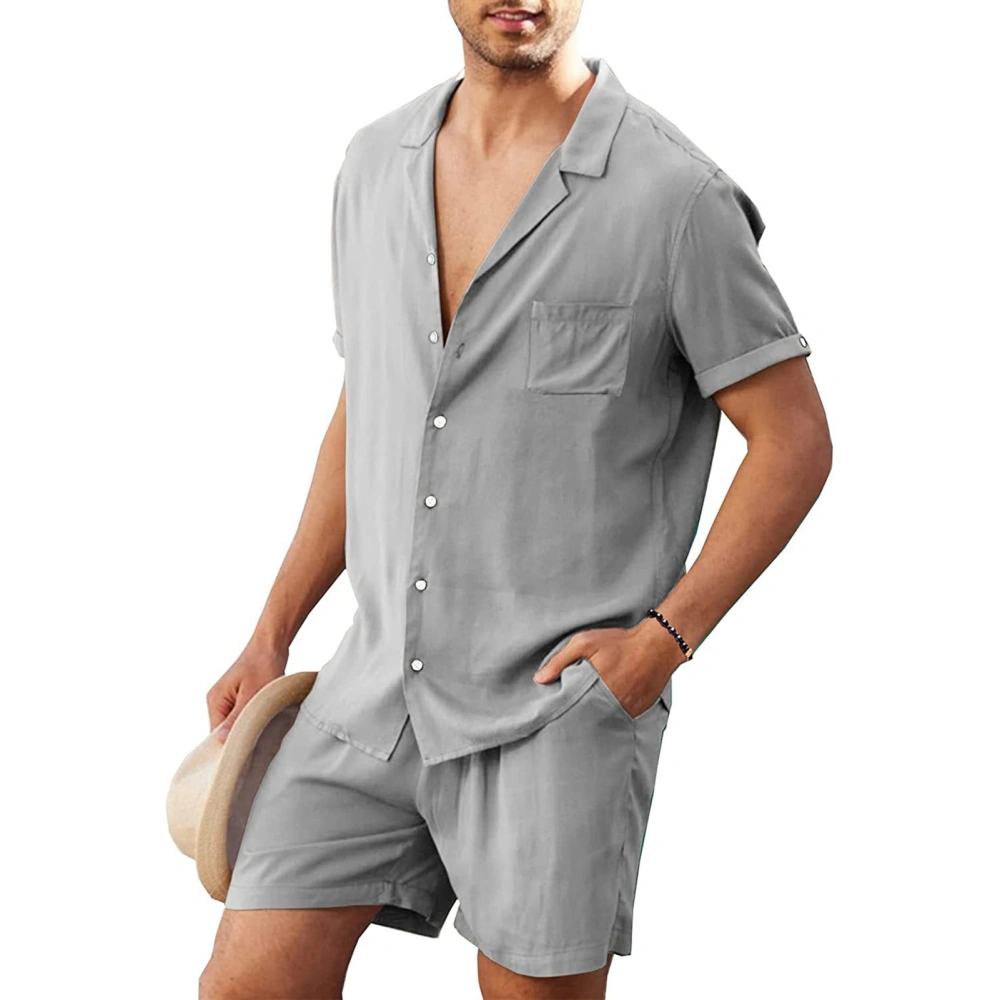 Cotton Linen Shirt Set Short Sleeved Men Casual Button Down Suit Breathable for Beach Gray L