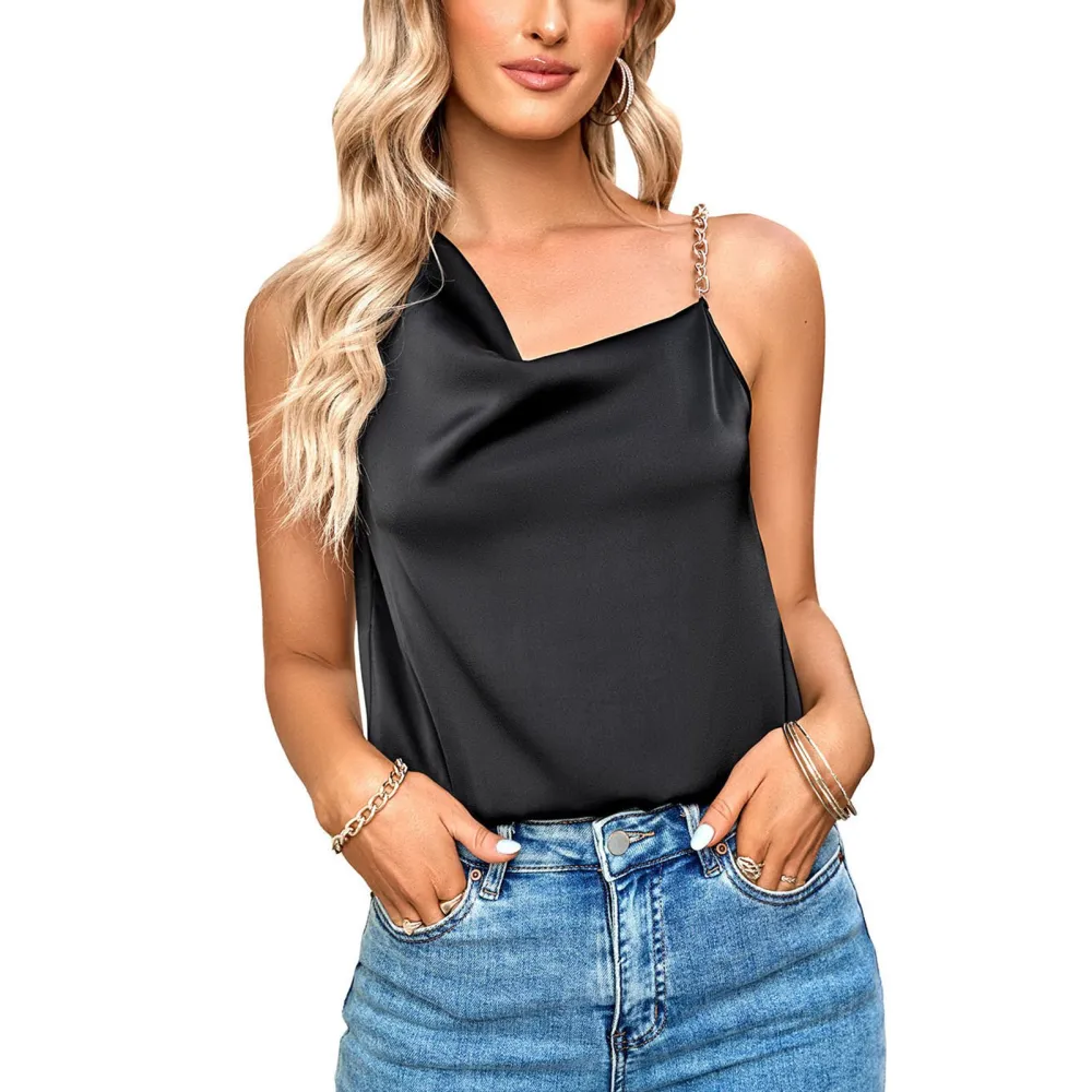 Women Satin Tank Top Heaps Collar Chain Strap Stylish Pure Color Summer Sleeveless Vest Black S