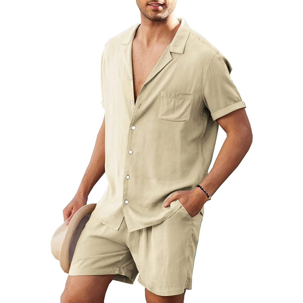 Cotton Linen Shirt Set Short Sleeved Men Casual Button Down Suit Breathable for Beach Beige XL