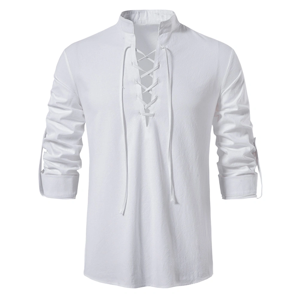 Men Lace Up Shirt Stand Collar V Neck Long Sleeve Casual Vintage Pure Color Pullover T Shirt White XL